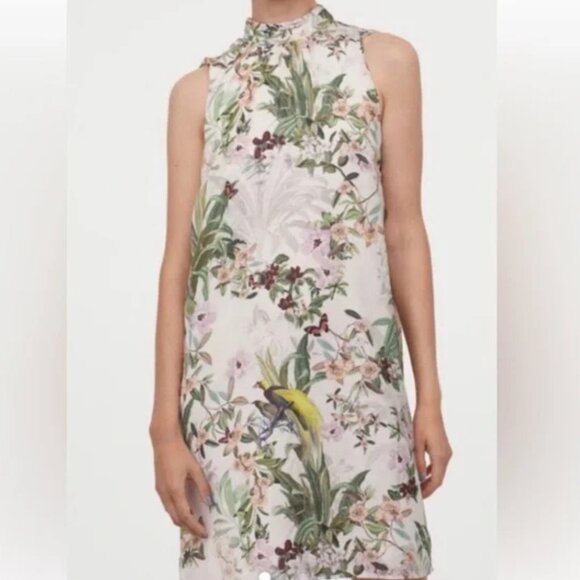 H&M Bird Parrot Botanical Butterfly Floral print HIgh neck Tie back Dress Sz 16 - Picture 2 of 12
